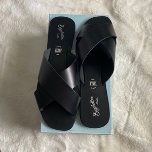 Black Leather Flat Sandals